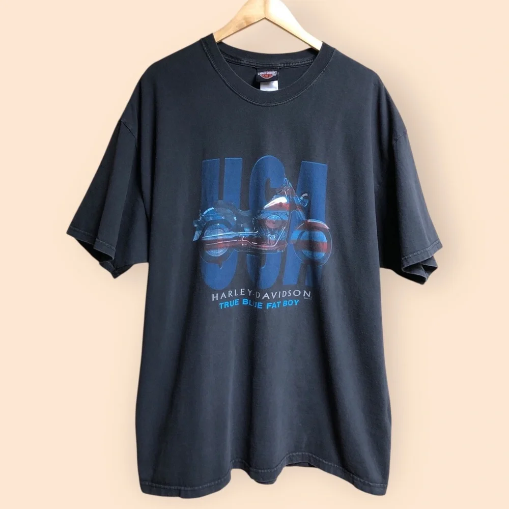 Vintage Y2K 2000-2001 Harley Davidson True Blue Fat Boy USA T-shirt MENS 2XL